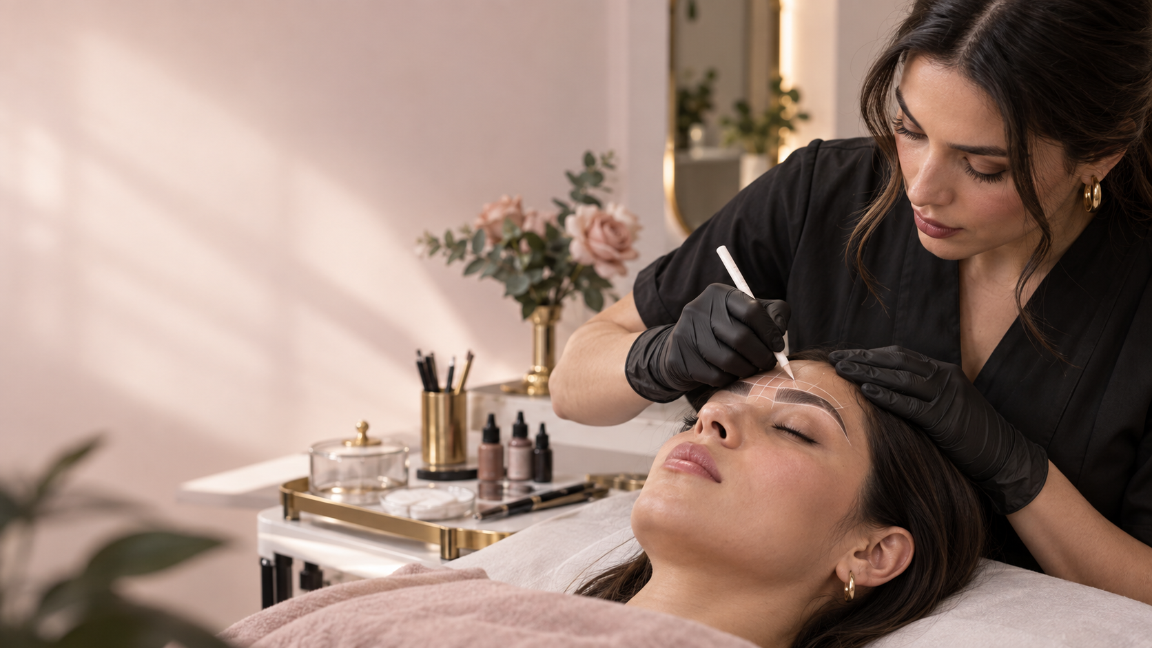 Profesional de la micropigmentación diseñando las cejas de una clienta