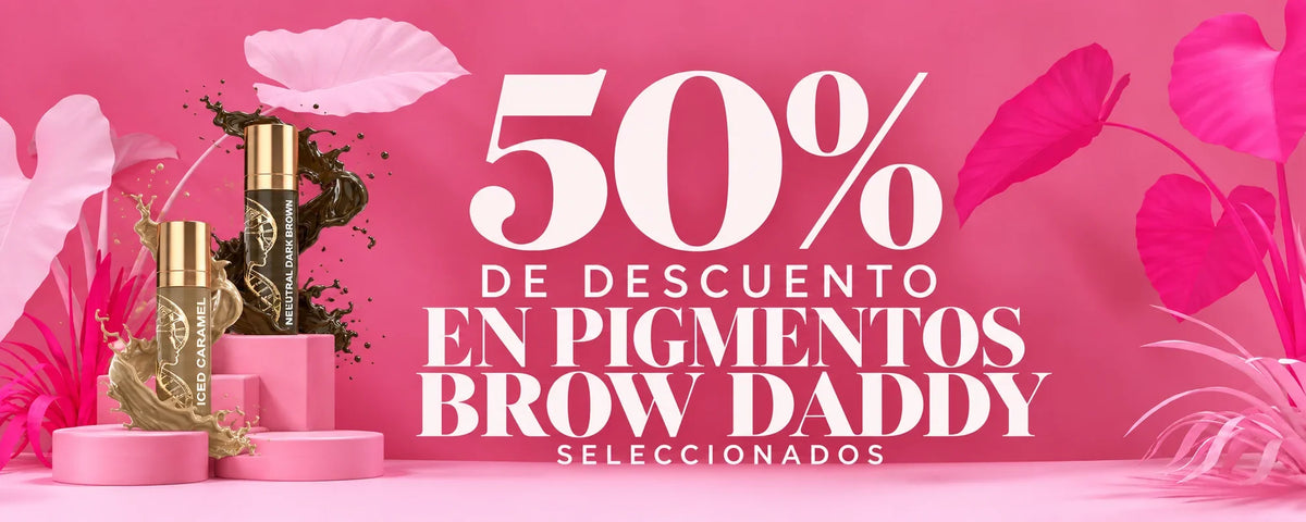 50% de descuento en pigmentos Brow Daddy seleccionados. Imágenes de Iced Caramel y Neutral Dark Brown Minerals.